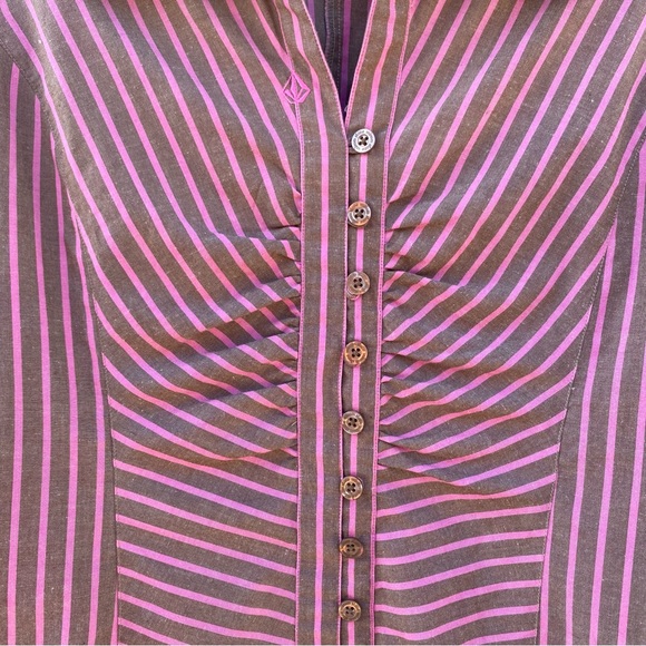 Volcom Gals, Vintage Brown and Pink Retro Striped Button Down, Top - Picture 3 of 7